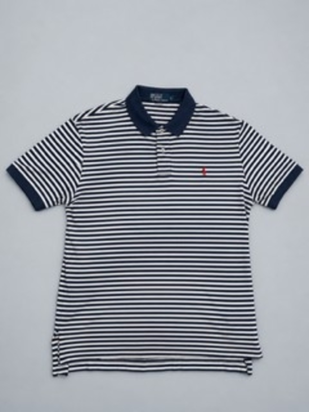 Polo by Ralph Lauren Navy and White Striped Polo with Red Pony